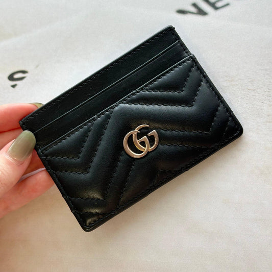 GUCCI Marmont GG Card Holder Quilted Case Wallet Leather Black Gold Authentic