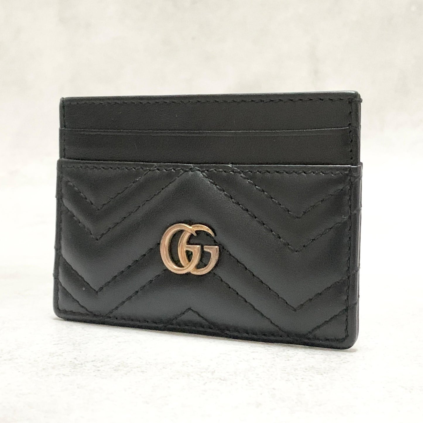 GUCCI Marmont GG Card Holder Quilted Case Wallet Leather Black Gold Authentic