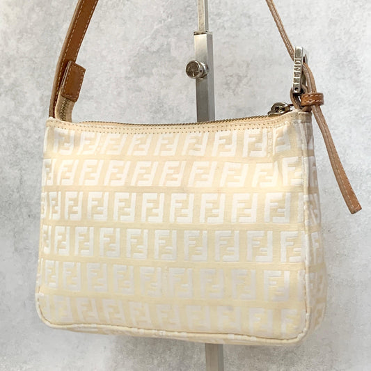 FENDI Bag FF Zucchino Shoulder Purse Canvas Leather White Brown Silver Authentic
