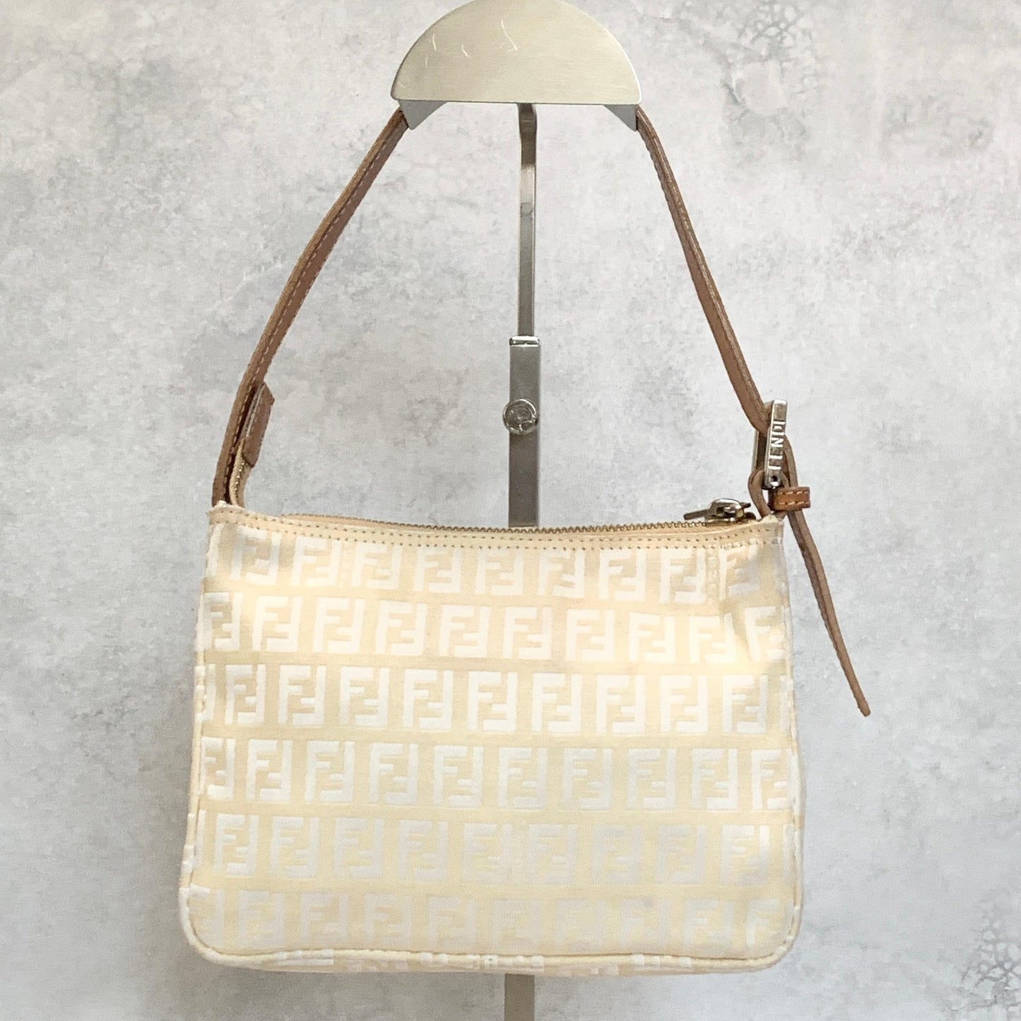 FENDI Bag FF Zucchino Shoulder Purse Canvas Leather White Brown Silver Authentic