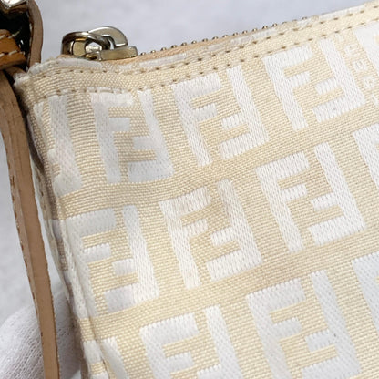 FENDI Bag FF Zucchino Shoulder Purse Canvas Leather White Brown Silver Authentic