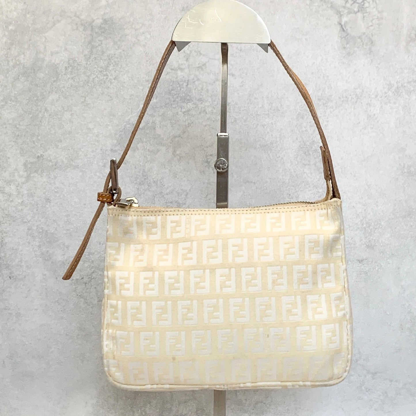 FENDI Bag FF Zucchino Shoulder Purse Canvas Leather White Brown Silver Authentic
