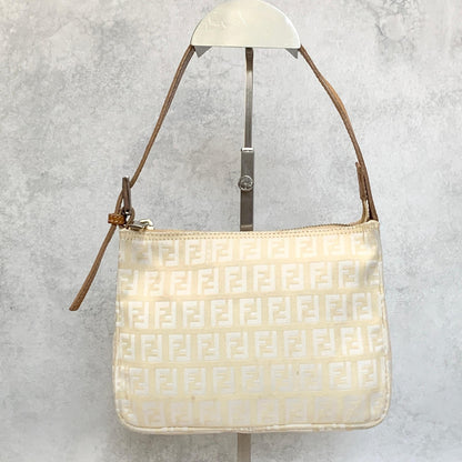 FENDI Bag FF Zucchino Shoulder Purse Canvas Leather White Brown Silver Authentic