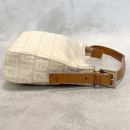 FENDI Bag FF Zucchino Shoulder Purse Canvas Leather White Brown Silver Authentic