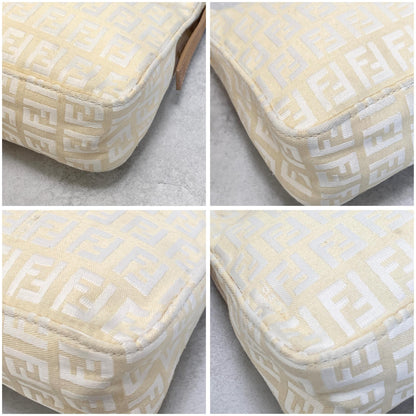 FENDI Bag FF Zucchino Shoulder Purse Canvas Leather White Brown Silver Authentic