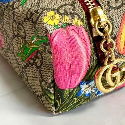 GUCCI Flora Cosmetic Pouch Purse GG Supreme Marmont Charm Beige Leather Auth