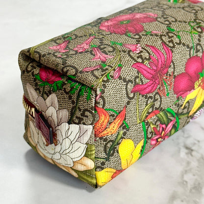 GUCCI Flora Cosmetic Pouch Purse GG Supreme Marmont Charm Beige Leather Auth