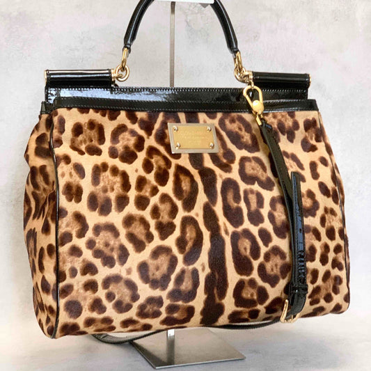 Dolce & Gabbana Sicily Leopard Handbag Shoulder Bag Purse Beige Brown Authentic