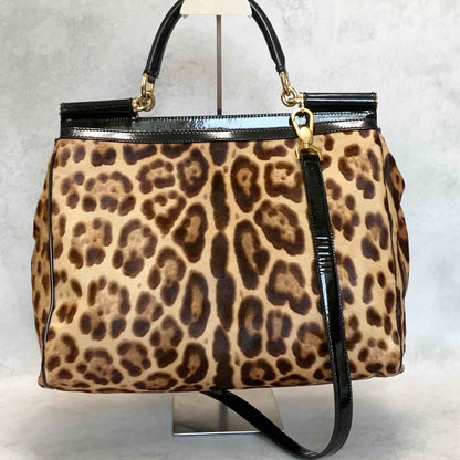 Dolce & Gabbana Sicily Leopard Handbag Shoulder Bag Purse Beige Brown Authentic