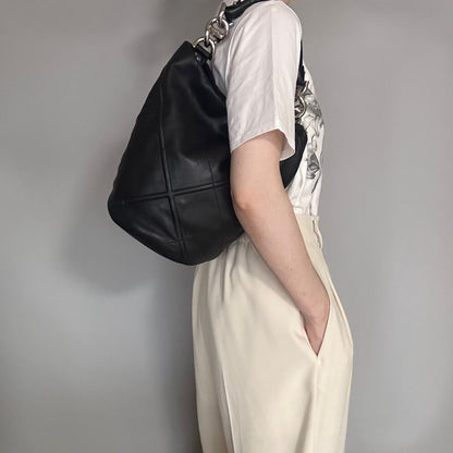 Salvatore Ferragamo Bag Logo Hand Tote Purse Leather Black Silver Authentic