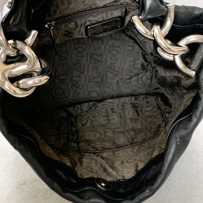 Salvatore Ferragamo Bag Logo Hand Tote Purse Leather Black Silver Authentic