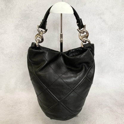 Salvatore Ferragamo Bag Logo Hand Tote Purse Leather Black Silver Authentic