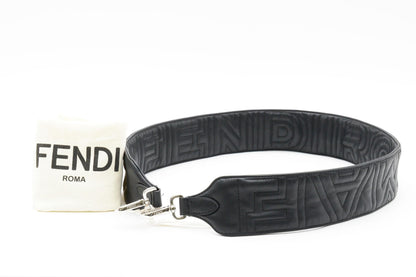 FENDI Strap you Shoulder strap Logo Quilted Leather Black Silver Auth Unisex