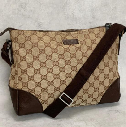 GUCCI Bag GG Canvas Shoulder Purse Canvas Leather Brown Silver Used Authentic