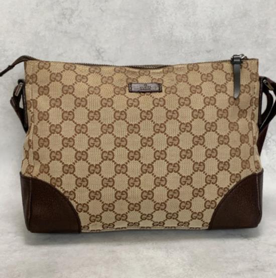GUCCI Bag GG Canvas Shoulder Purse Canvas Leather Brown Silver Used Authentic