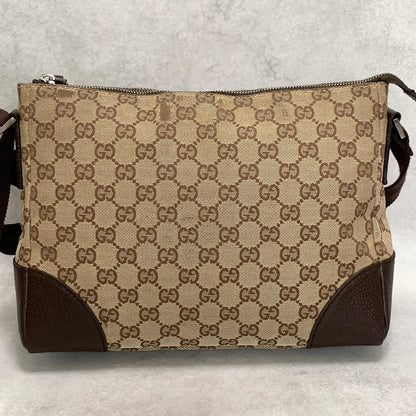 GUCCI Bag GG Canvas Shoulder Purse Canvas Leather Brown Silver Used Authentic