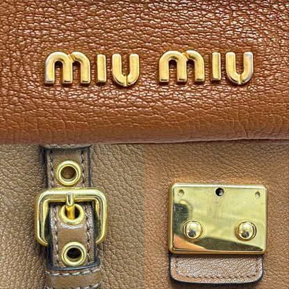 MIU MIU Hand Bag Tote Purse Mini Boston Bag Logo Leather Brown Authentic
