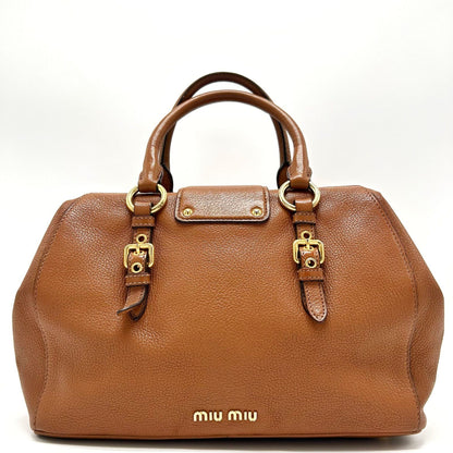 MIU MIU Hand Bag Tote Purse Mini Boston Bag Logo Leather Brown Authentic