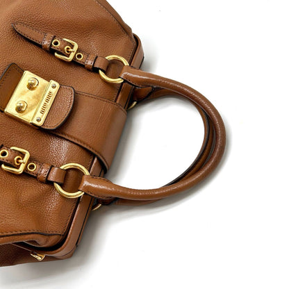 MIU MIU Hand Bag Tote Purse Mini Boston Bag Logo Leather Brown Authentic