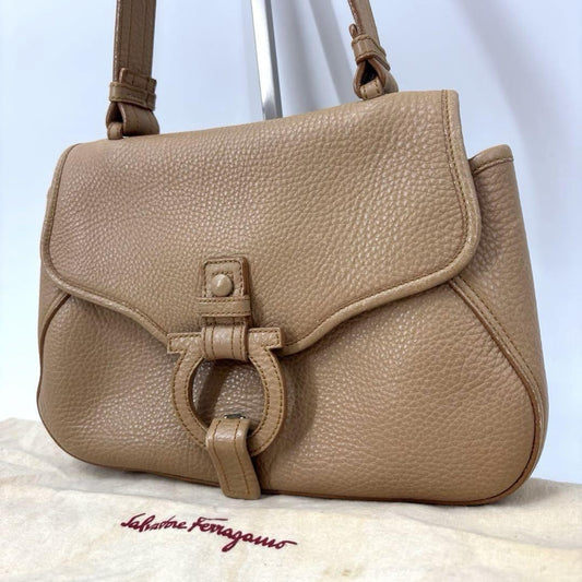 Salvatore Ferragamo Shoulder Bag Purse Gancini Leather Brown Beige Authentic