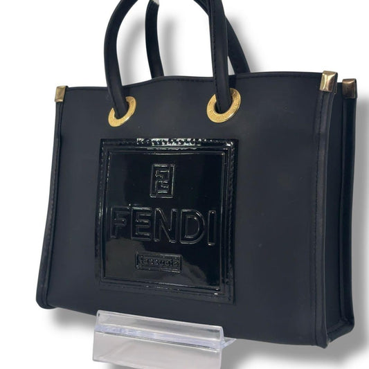 FENDI Hand Bag Tote Purse FF Leather Black Authentic