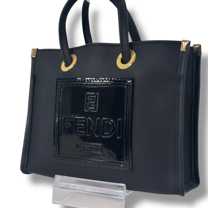 FENDI Hand Bag Tote Purse FF Leather Black Authentic