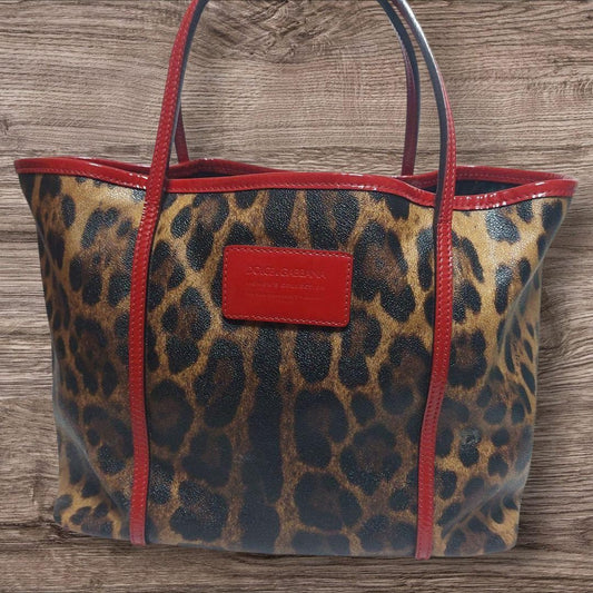 Dolce & Gabbana Hand Bag Tote Purse Leopard Red Brown Authentic