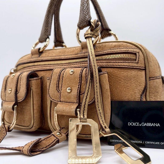 Dolce & Gabbana Boston Bag Hand Bag Tote Purse Leopard Leather Brown Authentic