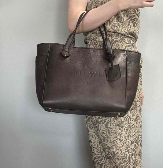 LOEWE Bag Logo Heritage Hand Tote Purse Leather Brown Gold Used Authentic
