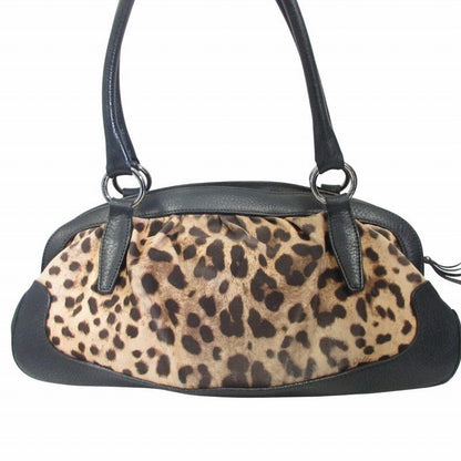 Dolce & Gabbana Hand Bag Tote Purse Mini Boston Bag Leopard Leather Black Auth