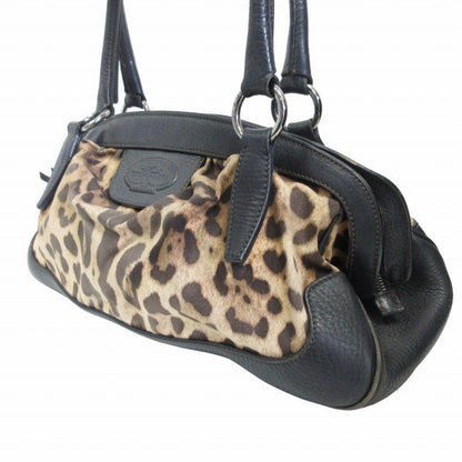 Dolce & Gabbana Hand Bag Tote Purse Mini Boston Bag Leopard Leather Black Auth