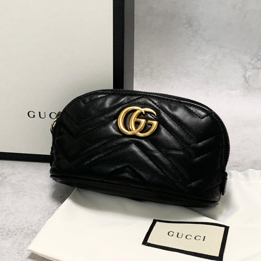 GUCCI Pouch GG Marmont Quilted Purse Cosmetic Leather Black Gold Authentic