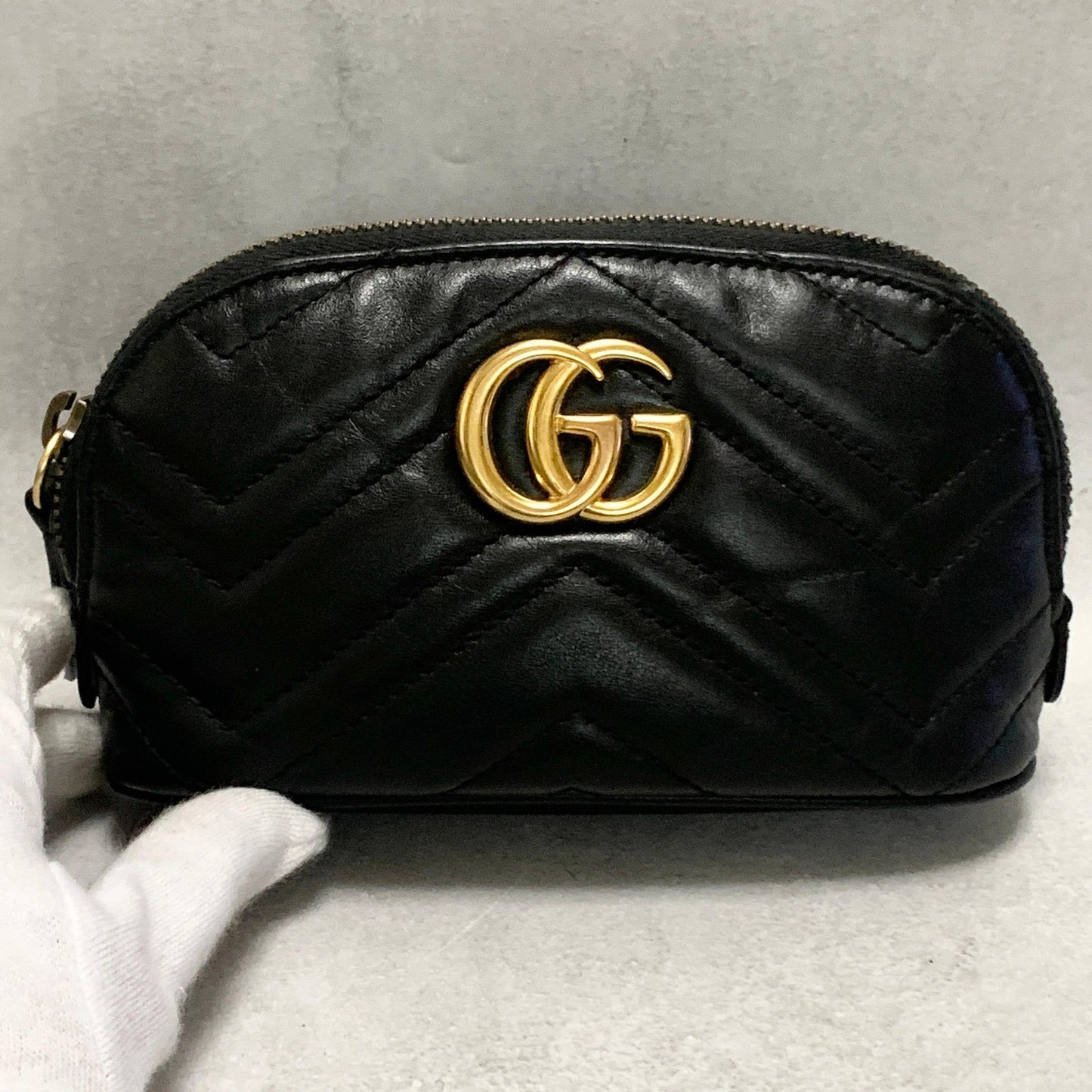 GUCCI Pouch GG Marmont Quilted Purse Cosmetic Leather Black Gold Authentic