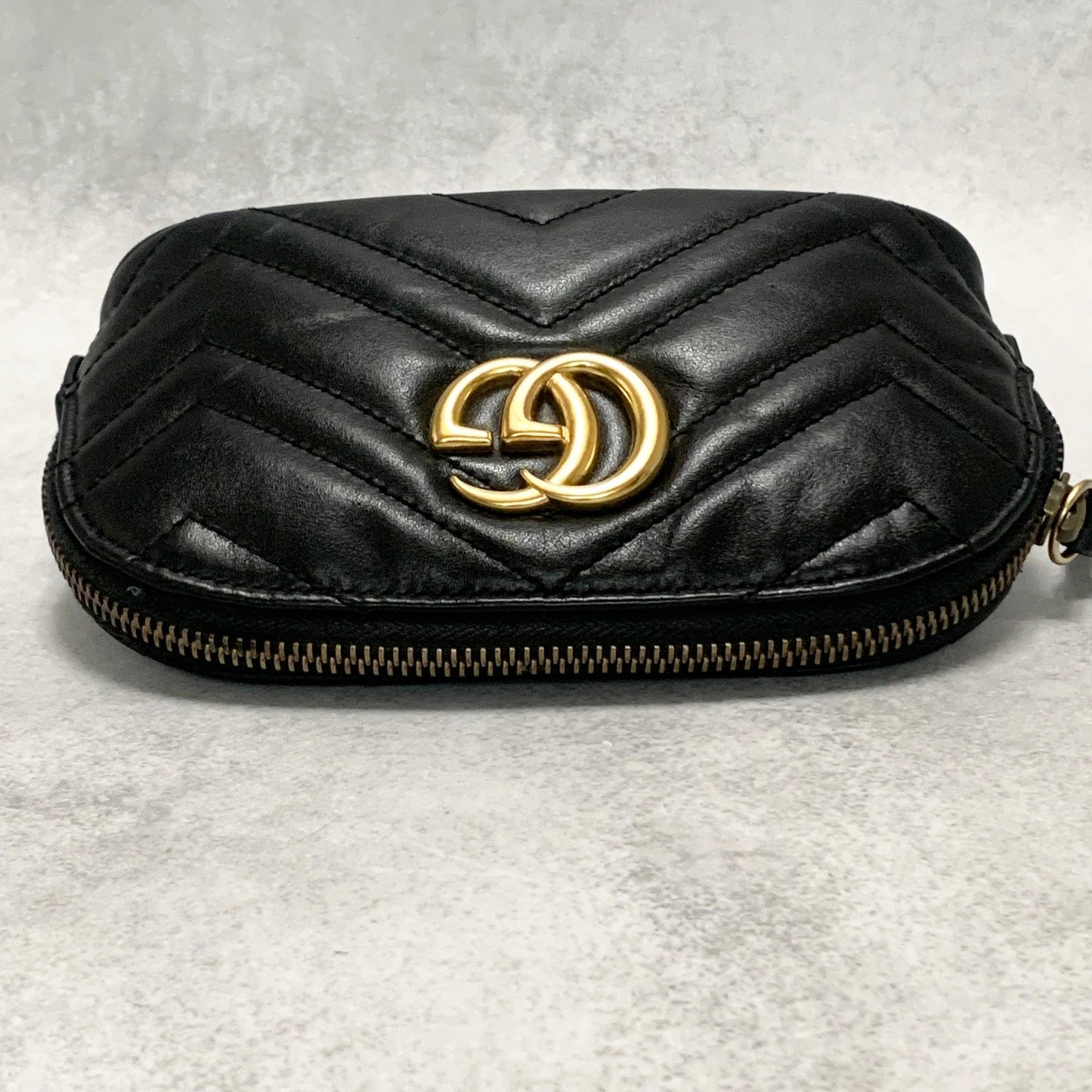 GUCCI Pouch GG Marmont Quilted Purse Cosmetic Leather Black Gold Authentic