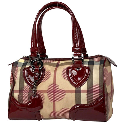 BURBERRY Hand Bag Tote Purse Nova Check Heart Coated Canvas Leather Beige Red