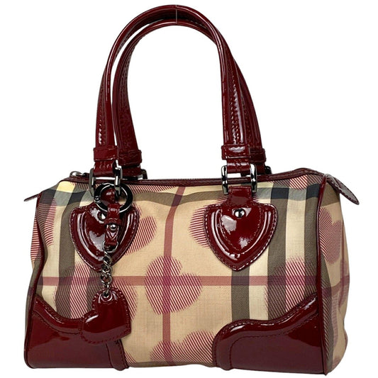 BURBERRY Hand Bag Tote Purse Nova Check Heart Coated Canvas Leather Beige Red