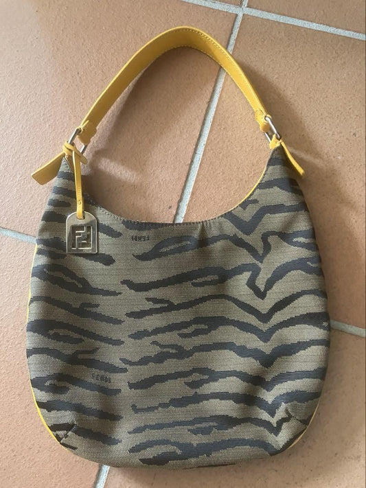 FENDI Shoulder Bag Purse Zebra Canvas Leather Brown Authentic