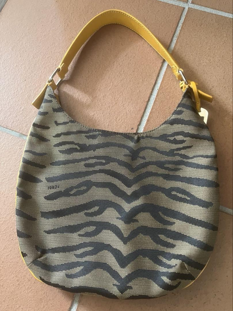 FENDI Shoulder Bag Purse Zebra Canvas Leather Brown Authentic