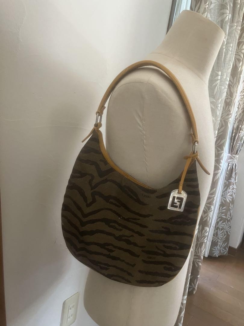 FENDI Shoulder Bag Purse Zebra Canvas Leather Brown Authentic
