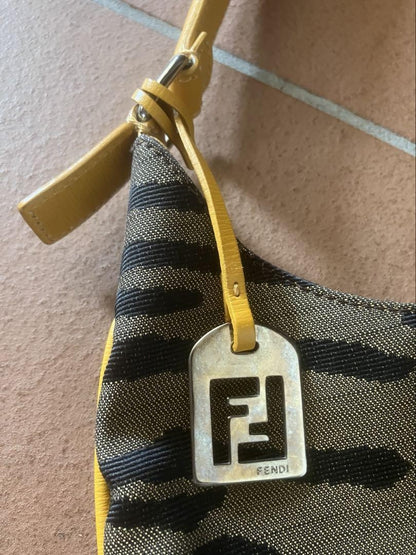 FENDI Shoulder Bag Purse Zebra Canvas Leather Brown Authentic