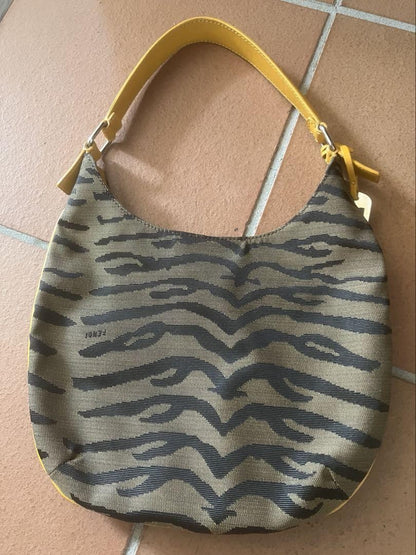 FENDI Shoulder Bag Purse Zebra Canvas Leather Brown Authentic