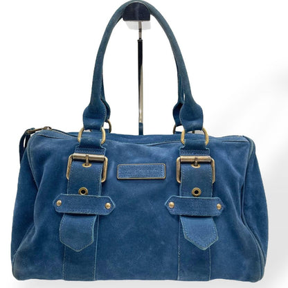 Longchamp Hand Bag Tote Purse Suede Leather Blue Authentic