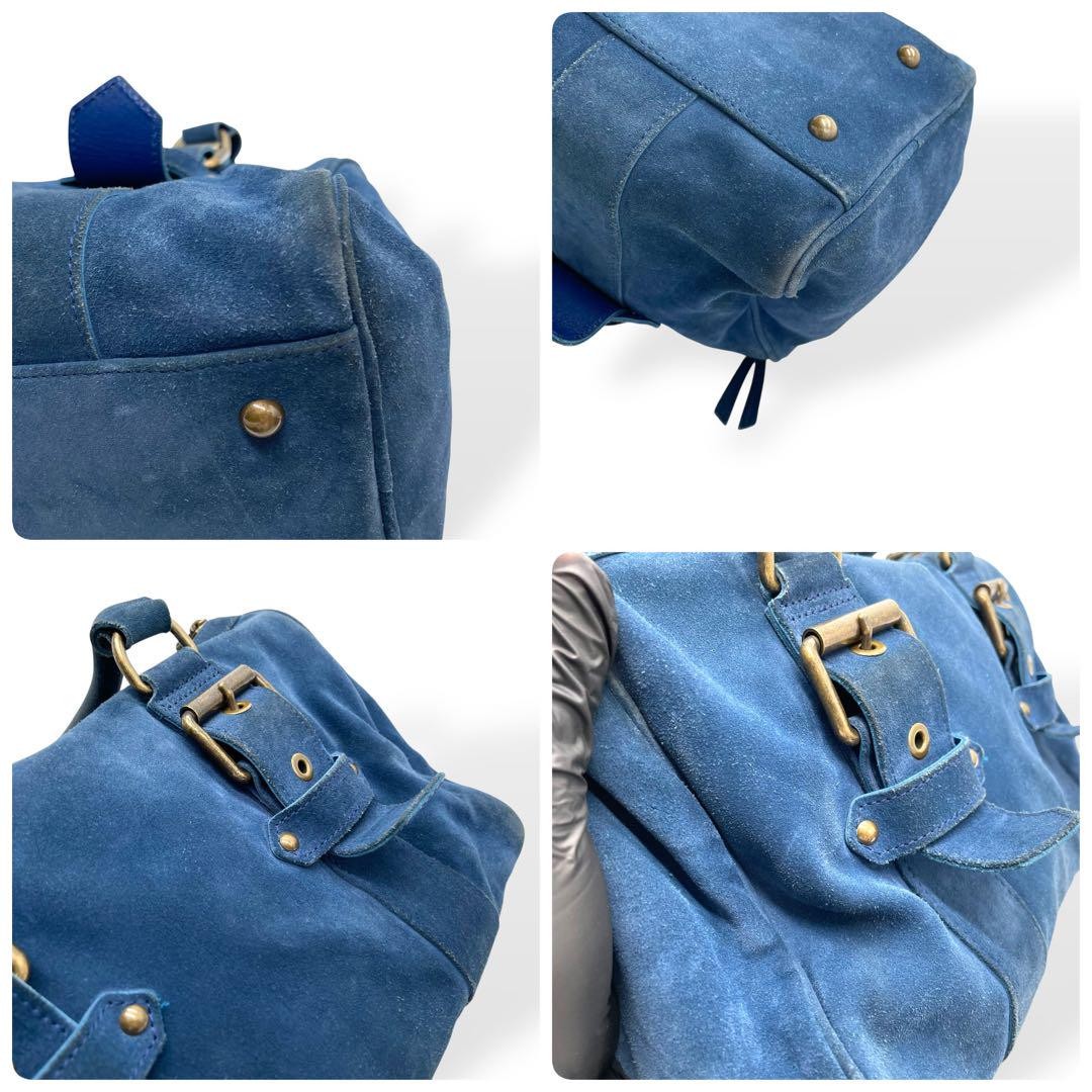 Longchamp Hand Bag Tote Purse Suede Leather Blue Authentic