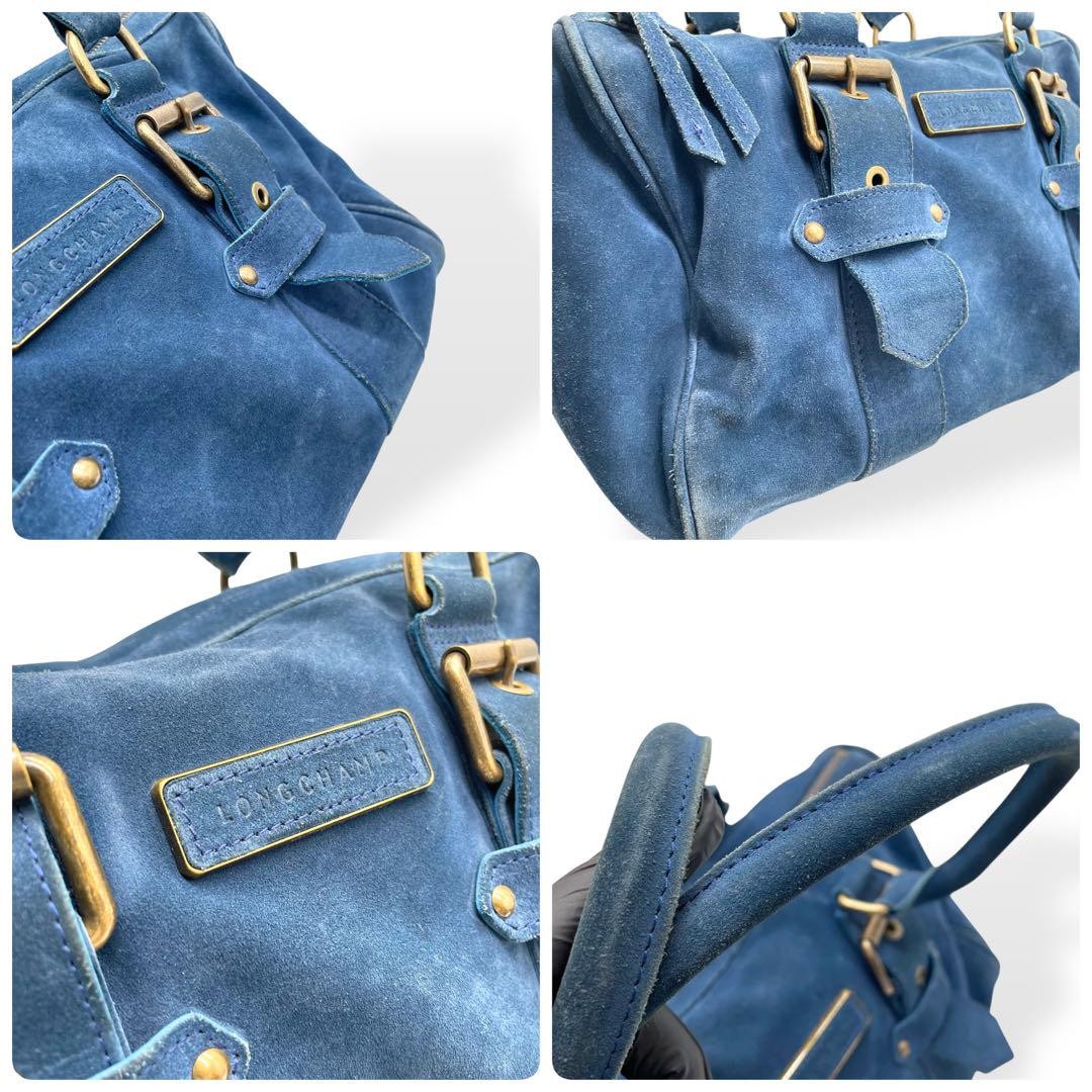 Longchamp Hand Bag Tote Purse Suede Leather Blue Authentic