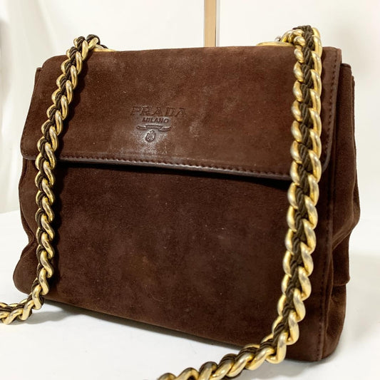 PRADA Shoulder Bag Purse Chain Suede Brown Authentic