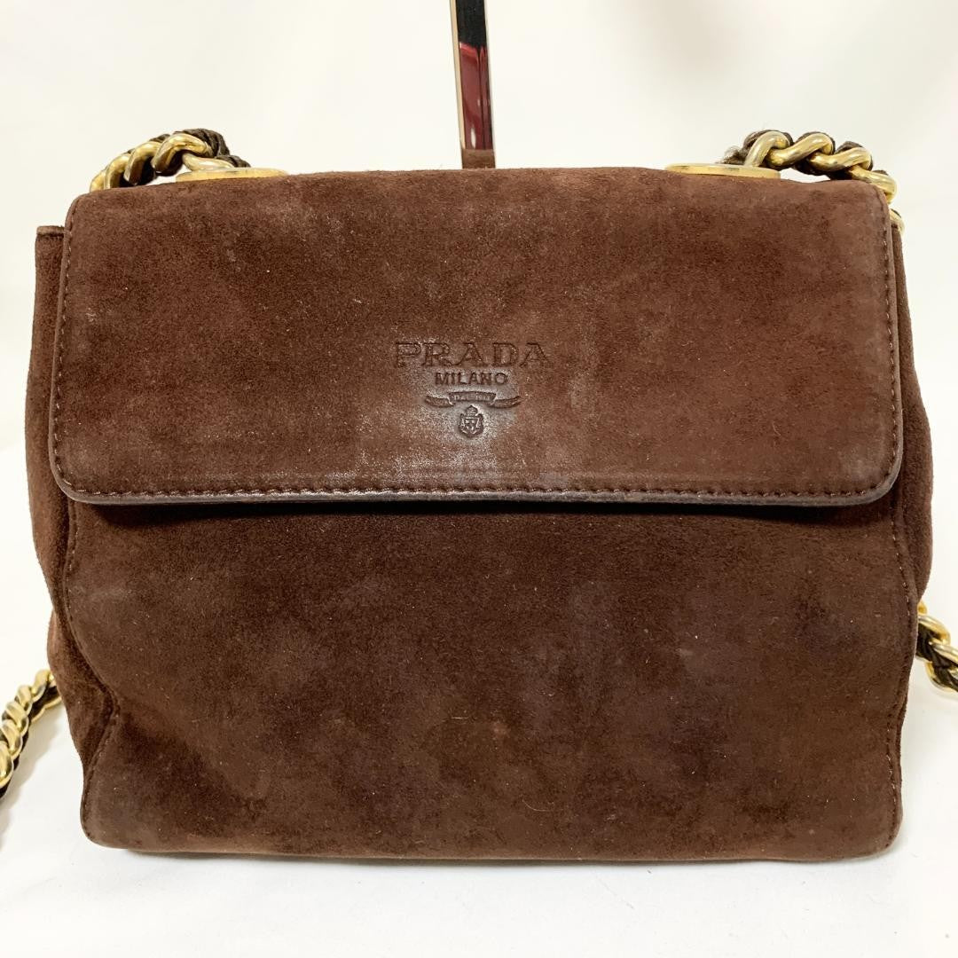 PRADA Shoulder Bag Purse Chain Suede Brown Authentic