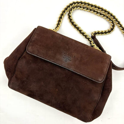 PRADA Shoulder Bag Purse Chain Suede Brown Authentic