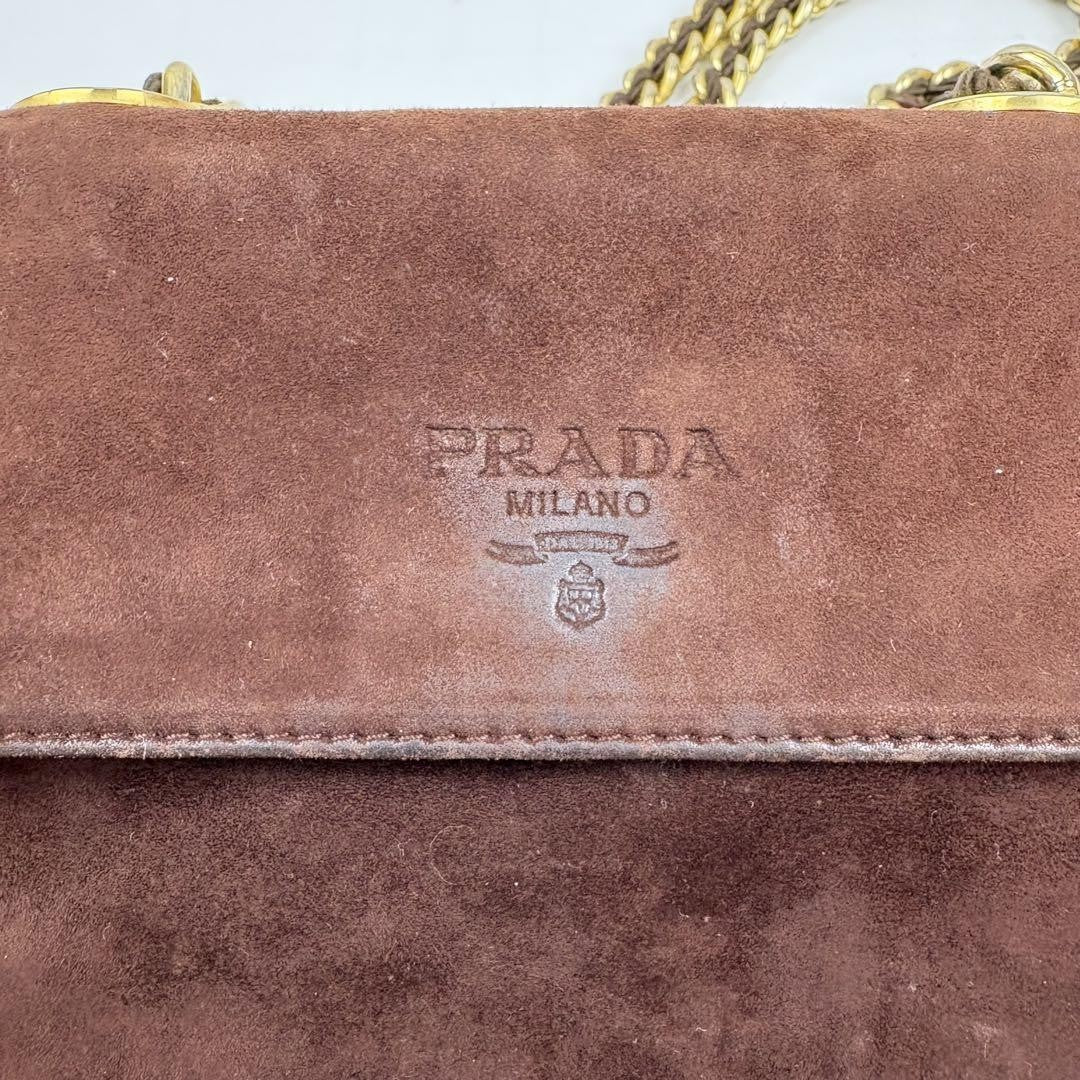 PRADA Shoulder Bag Purse Chain Suede Brown Authentic
