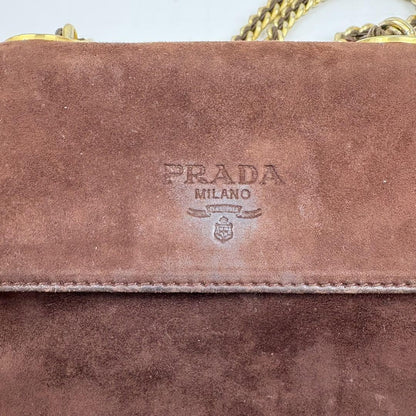 PRADA Shoulder Bag Purse Chain Suede Brown Authentic
