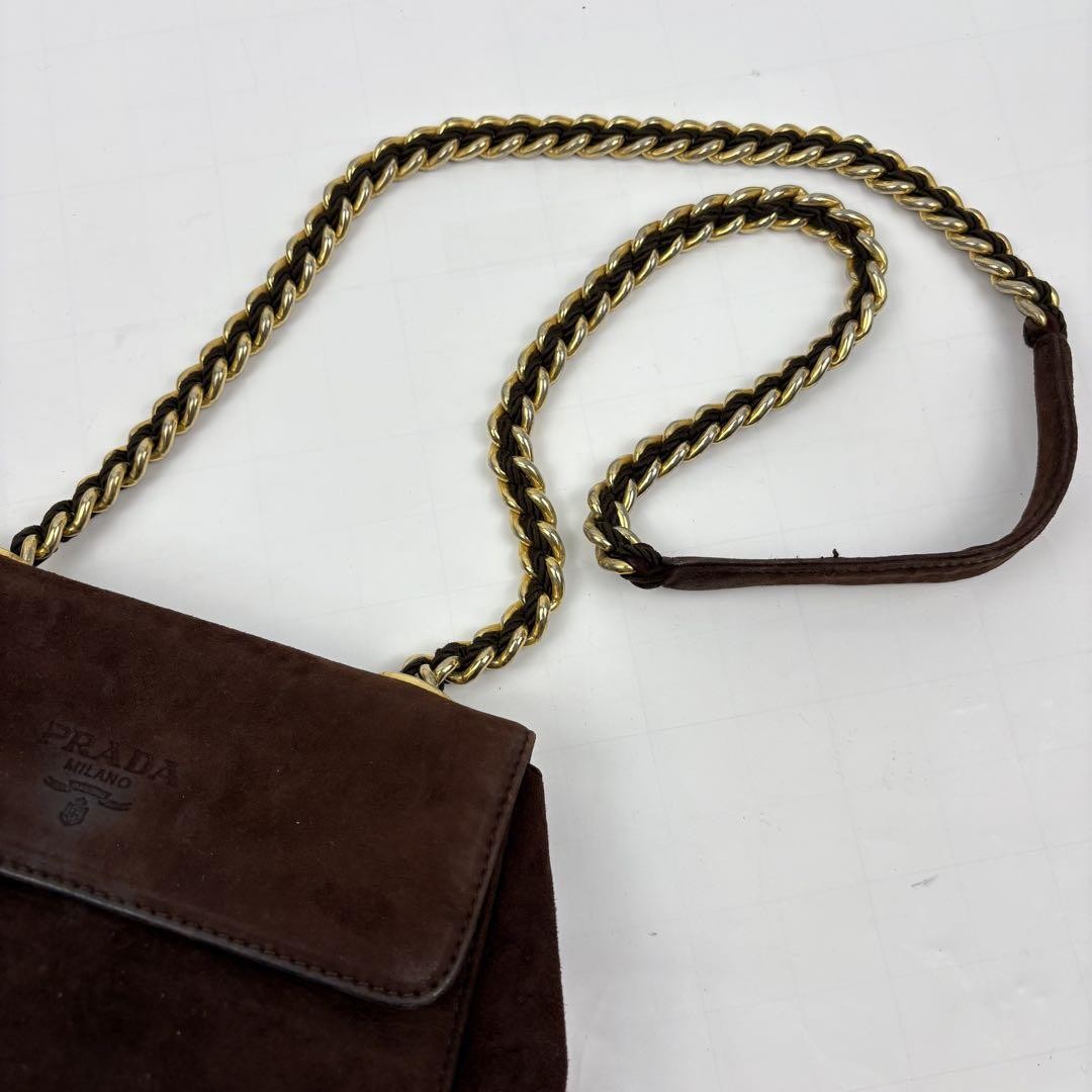 PRADA Shoulder Bag Purse Chain Suede Brown Authentic